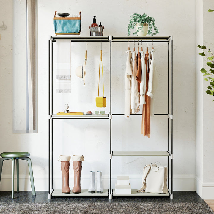 Armário de Roupa Aberto 142x43x185 cm Armário para Roupas com 4 Prateleiras de Tecido 3 Barras para Pendurar e Estrutura de Metal para Quarto Sala Closet Creme