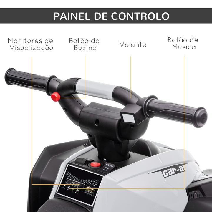 Quadriciclo Elétrico para Crianças de 3-5 Anos Veículo Eléctrico a Bateria 12V com 2 Motores Farol Música Velocidade Ajustável Avançar e Retroceder 83x53x55,5cm Branco