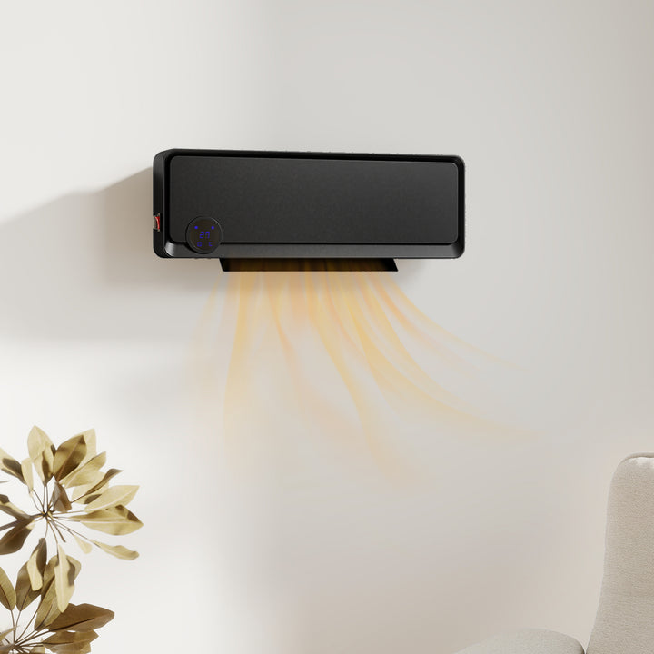 Aquecedor Cerâmico de Parede 1000W/2000W com Controle Remoto Tela LED Temporizador de 12h Termostato e Proteção contra Superaquecimento 56x18,5x11,7 cm Preto