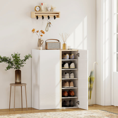 Sapateira de 6 Níveis com 2 Portas em Branco Brilhante Sapateira de Entrada com Fechamento Suave e Prateleiras Ajustáveis para 18 Pares de Sapatos 70x33,5x95 cm Branco