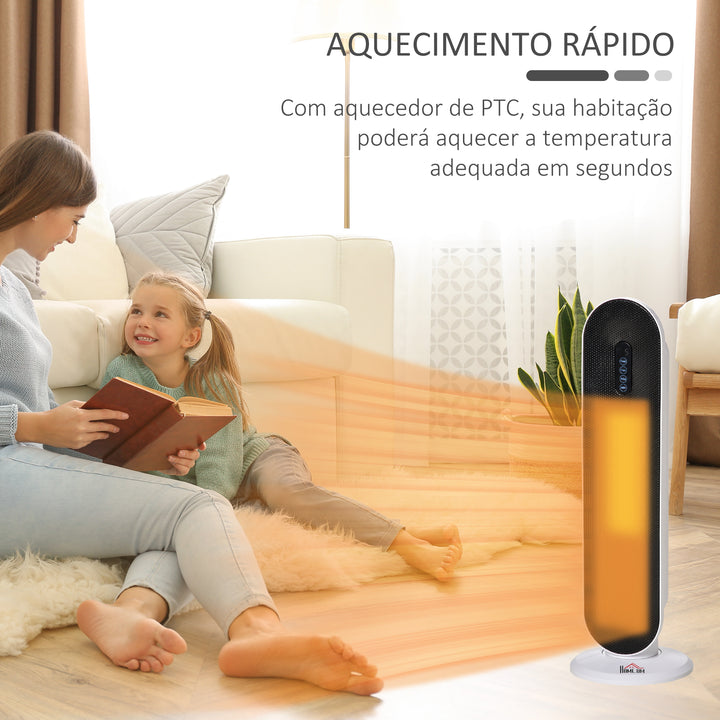 Aquecedor Cerâmico de Torre 1200W/2000W com Controle Remoto Termostato Temporizador de 24h e Sistema Anti-Rolamento para Sala de 20m² 21x21x63,5cm Branco e Preto
