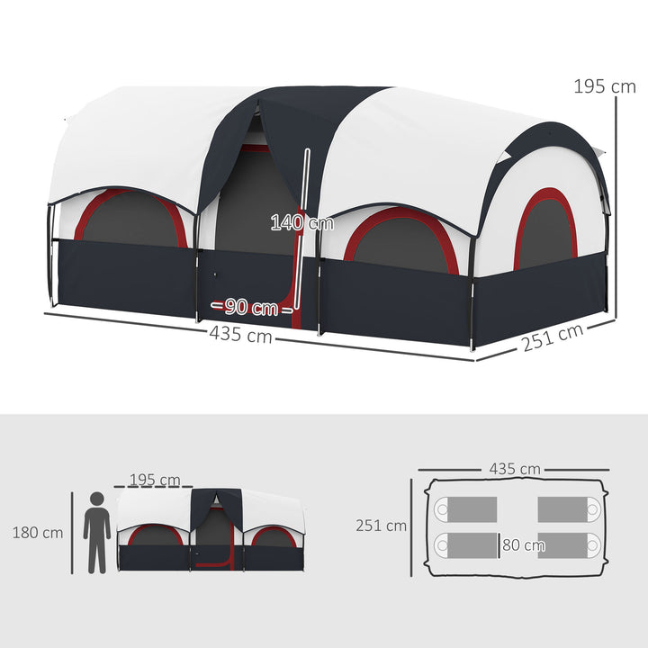 Tenda de Campismo Familiar Tipo Túnel Tenda para 4-6 Pessoas Impermeável 3.000 mm Tenda de Campismo Dobrável com 2 Quartos e Saco de Transporte 435x251x195 cm Cinzento Escuro