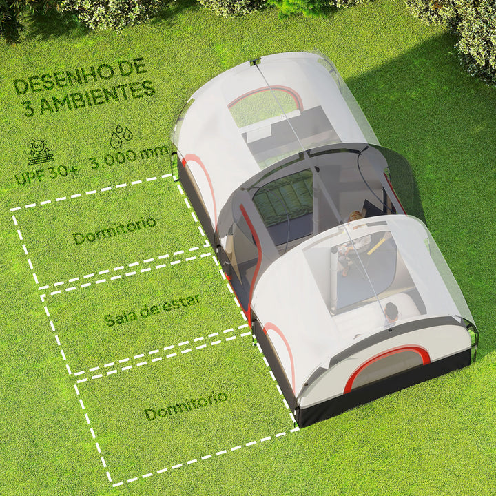 Tenda de Campismo Familiar Tipo Túnel Tenda para 4-6 Pessoas Impermeável 3.000 mm Tenda de Campismo Dobrável com 2 Quartos e Saco de Transporte 435x251x195 cm Cinzento Escuro