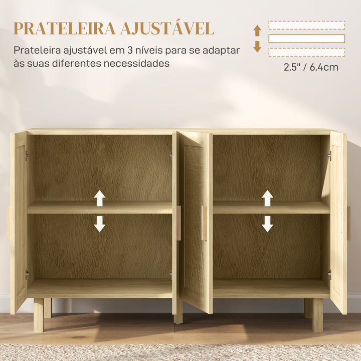 Aparador de Sala de Estar com 4 Portas com Rede em Vime e Prateleiras Ajustáveis Aparador para Cozinha Escritório Estúdio Quarto Estilo Nórdico Anti-Tombo 120x39,5x76 cm Madeira