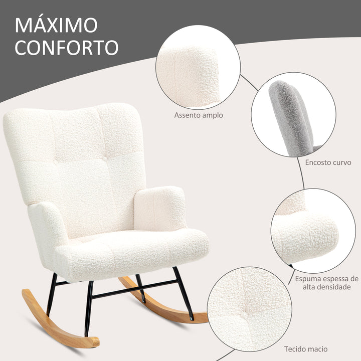 Poltrona Baloiço em Borrego Poltrona para Amamentação com Encosto Capitonê e Base de Madeira de Borracha Carga 120 kg Poltrona para Sala de Estar Dormitório 65x88x87 cm Creme