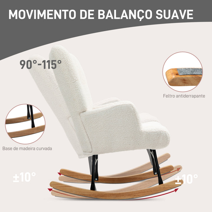 Poltrona Baloiço em Borrego Poltrona para Amamentação com Encosto Capitonê e Base de Madeira de Borracha Carga 120 kg Poltrona para Sala de Estar Dormitório 65x88x87 cm Creme