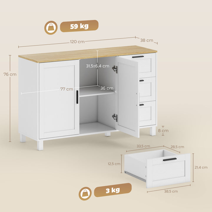 Aparador com 2 Portas Moderno para Sala de Estar com 3 Gavetas Prateleira Ajustável e Pernas de Madeira para Sala de Jantar Entrada, Quarto 120x38x76 cm Branco