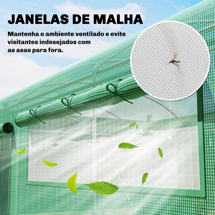 Estufa de Exterior 6x3x2 m, Estufa Tipo Túnel com 3 Portas Enroláveis, Janelas com Rede, Cobertura PE 140g/m² Anti-UV e Estrutura de Aço Galvanizado, para Cultivo de Plantas, Verde