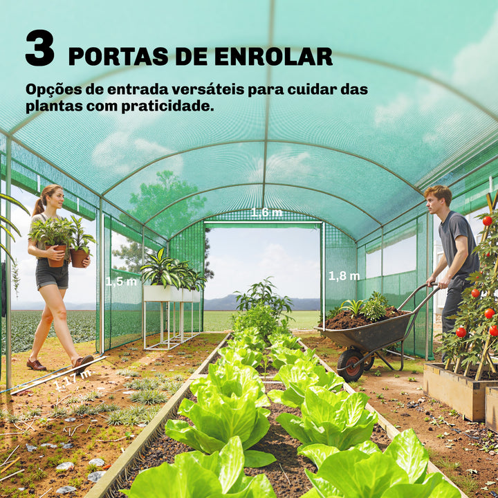 Estufa de Exterior 6x3x2 m, Estufa Tipo Túnel com 3 Portas Enroláveis, Janelas com Rede, Cobertura PE 140g/m² Anti-UV e Estrutura de Aço Galvanizado, para Cultivo de Plantas, Verde