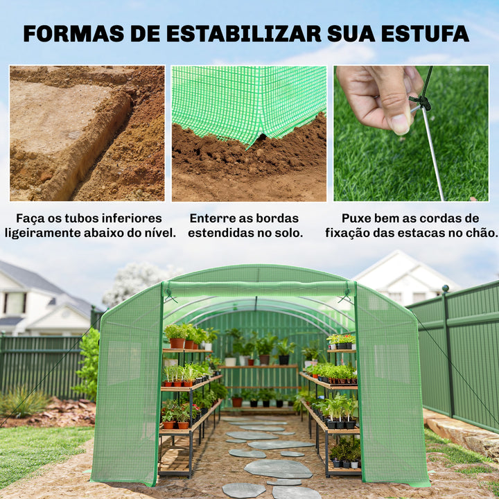 Estufa de Exterior 6x3x2 m, Estufa Tipo Túnel com 3 Portas Enroláveis, Janelas com Rede, Cobertura PE 140g/m² Anti-UV e Estrutura de Aço Galvanizado, para Cultivo de Plantas, Verde