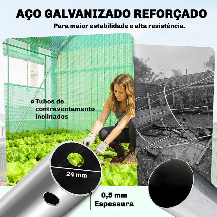 Estufa de Exterior 6x3x2 m, Estufa Tipo Túnel com 3 Portas Enroláveis, Janelas com Rede, Cobertura PE 140g/m² Anti-UV e Estrutura de Aço Galvanizado, para Cultivo de Plantas, Verde