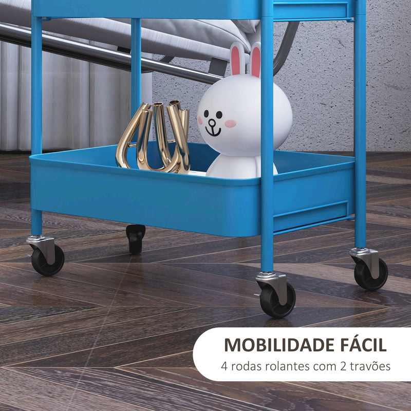 Carrinho Auxiliar de 3 Níveis com Rodas Carrinho de Armazenamento Deslizante com 3 Prateleiras 4 Rodas e 2 Travões para Cozinha Sala 45x30.6x79 cm Azul Escuro