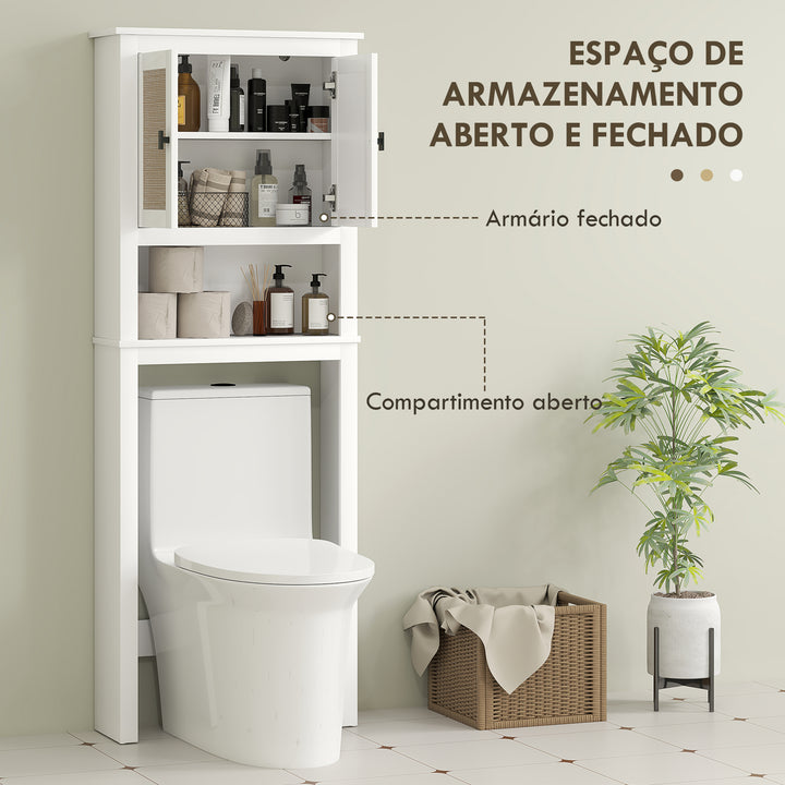 Móvel sobre Sanita Armário sobre Sanita com 2 Portas com Frente em Vime Compartimento e Prateleira Ajustável Móvel Casa de Banho 60x19,5x160 cm Branco