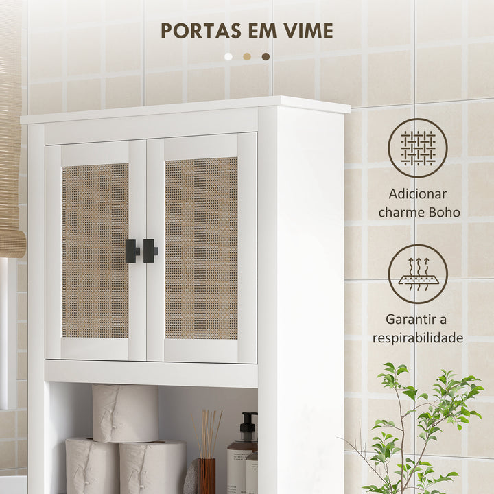 Móvel sobre Sanita Armário sobre Sanita com 2 Portas com Frente em Vime Compartimento e Prateleira Ajustável Móvel Casa de Banho 60x19,5x160 cm Branco