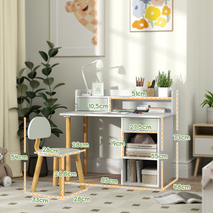 Conjunto de Secretária e Cadeira para Crianças acima de 3 Anos Mesa de Estudo com Prateleiras para Livros e Gaveta de Arrumação Carga 80 kg 85x48x73 cm Verde e Branco