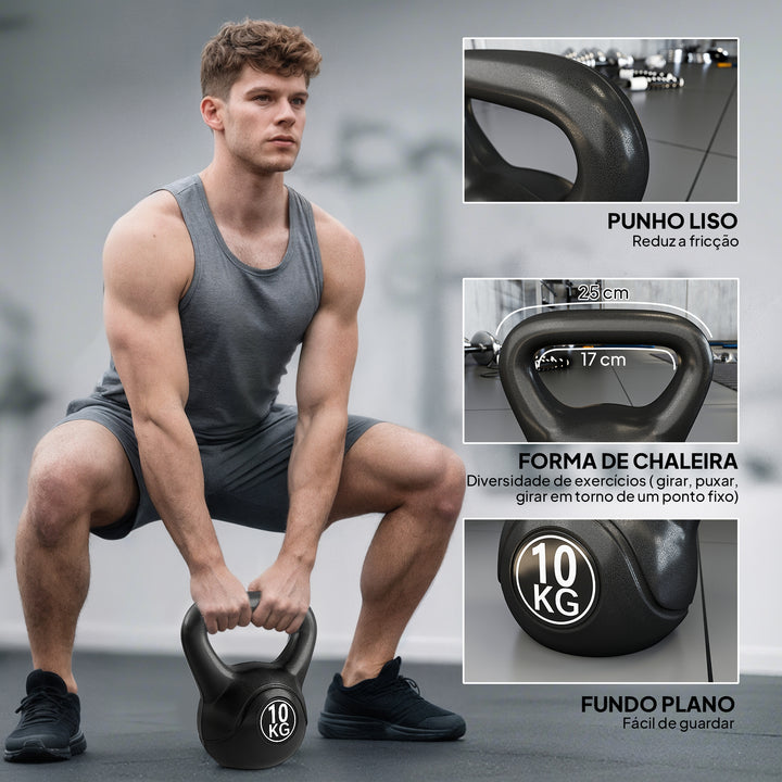 Peso Russo de 10 kg Kettlebell Preenchido de Areia com Punho Largo e Antiderrapante para Trenos em Casa e Ginásio 25x19x28 cm Preto