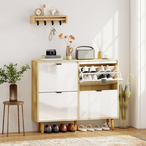 Sapateira Estreita com 4 Portas em Branco Brilho Sapateira de Entrada com Prateleiras Ajustáveis e Pernas de Madeira para 20 Pares de Sapatos 105x24x92,5 cm Branco