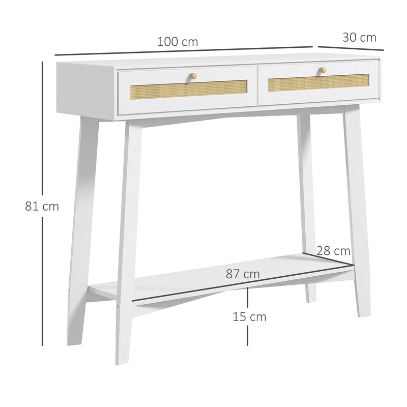 Mesa Consola para Entrada Mesa de Entrada com 2 Gavetas de Desenho de Vime e Prateleira Aberta para Sala Corredor 100x30x81 cm Branco