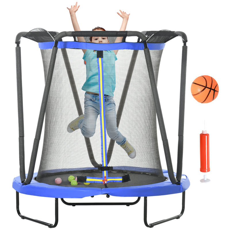 Trampolim Infantil Ø140x155 cm Trampolim para Crianças de 3-10 Anos com Rede de Segurança Cesta de Basquetebol e 20 Bolas de Plástico para Interior Azul