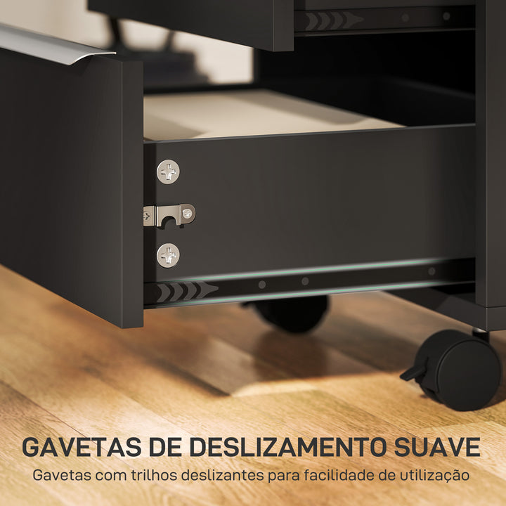 Bloco de Gavetas de Escritório com 3 Gavetas Bloco de Gavetas de Escritório com Rodas Fecho e 2 Chaves Arquivador Móvel para Estudo Sala 40x40x63,5 cm Preto