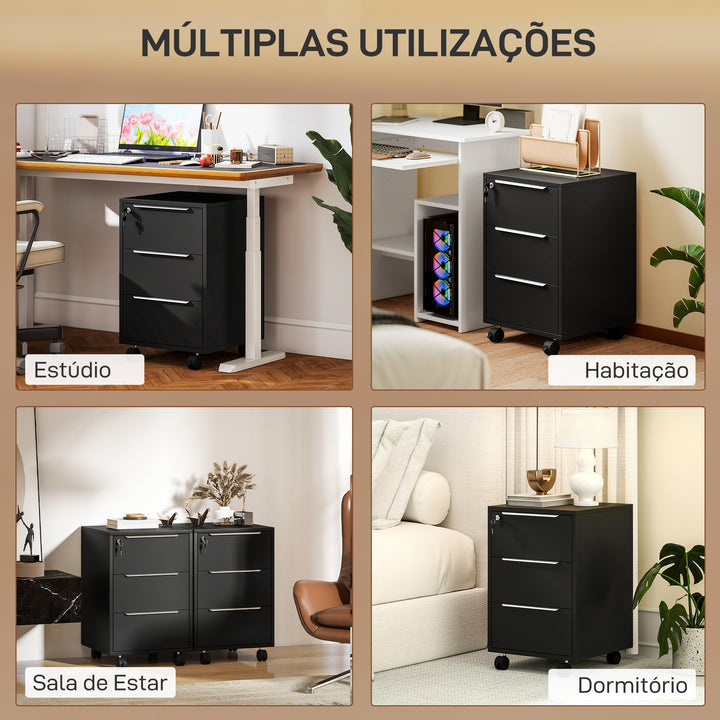 Bloco de Gavetas de Escritório com 3 Gavetas Bloco de Gavetas de Escritório com Rodas Fecho e 2 Chaves Arquivador Móvel para Estudo Sala 40x40x63,5 cm Preto