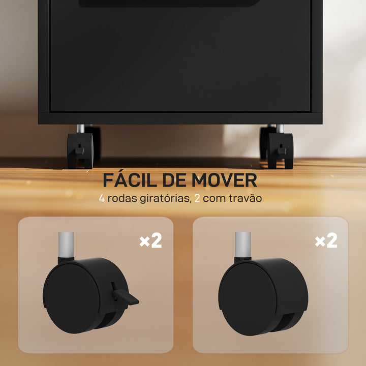Bloco de Gavetas de Escritório com 3 Gavetas Bloco de Gavetas de Escritório com Rodas Fecho e 2 Chaves Arquivador Móvel para Estudo Sala 40x40x63,5 cm Preto