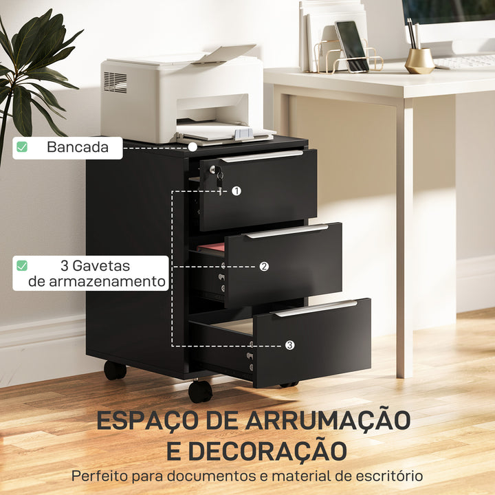 Bloco de Gavetas de Escritório com 3 Gavetas Bloco de Gavetas de Escritório com Rodas Fecho e 2 Chaves Arquivador Móvel para Estudo Sala 40x40x63,5 cm Preto