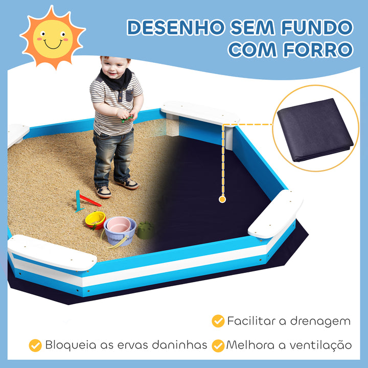 Caixa de Areia para Crianças acima de 3 Anos Caixa de Areia Infantil Quadrada com 4 Assentos para Exterior 133x133x16 cm Azul e Branco
