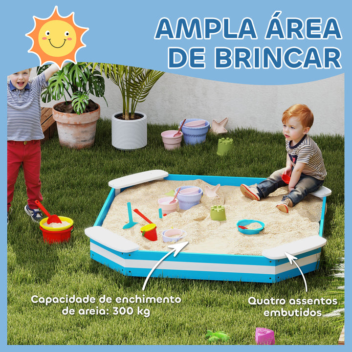 Caixa de Areia para Crianças acima de 3 Anos Caixa de Areia Infantil Quadrada com 4 Assentos para Exterior 133x133x16 cm Azul e Branco