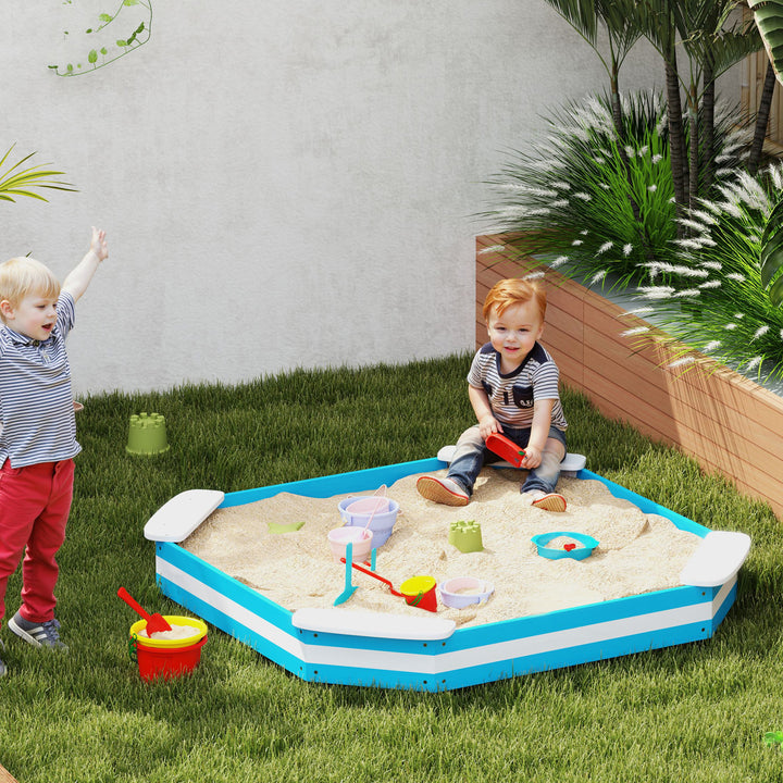 Caixa de Areia para Crianças acima de 3 Anos Caixa de Areia Infantil Quadrada com 4 Assentos para Exterior 133x133x16 cm Azul e Branco