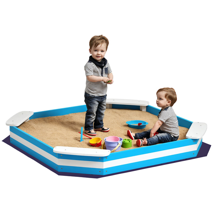 Caixa de Areia para Crianças acima de 3 Anos Caixa de Areia Infantil Quadrada com 4 Assentos para Exterior 133x133x16 cm Azul e Branco