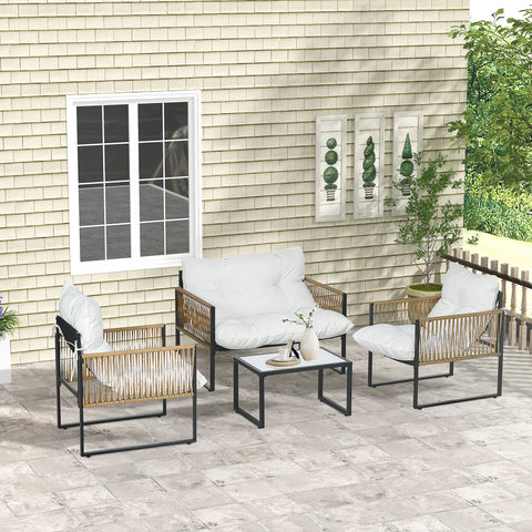 Conjunto de Móveis de Jardim de Vime Sintético Conjunto de 4 Peças Móveis de Jardim com 2 Poltronas 1 Sofá de 2 Lugares 1 Mesa de Centro e Almofadas Creme