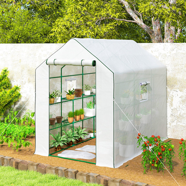 Estufa de Jardim de 3 Níveis Estufa de Exterior com 12 Prateleiras Porta Enrolável Janelas Anti-UV Cobertura de PE 135g/m² para Cultivos Plantas Flores 140x213x190 cm Branco