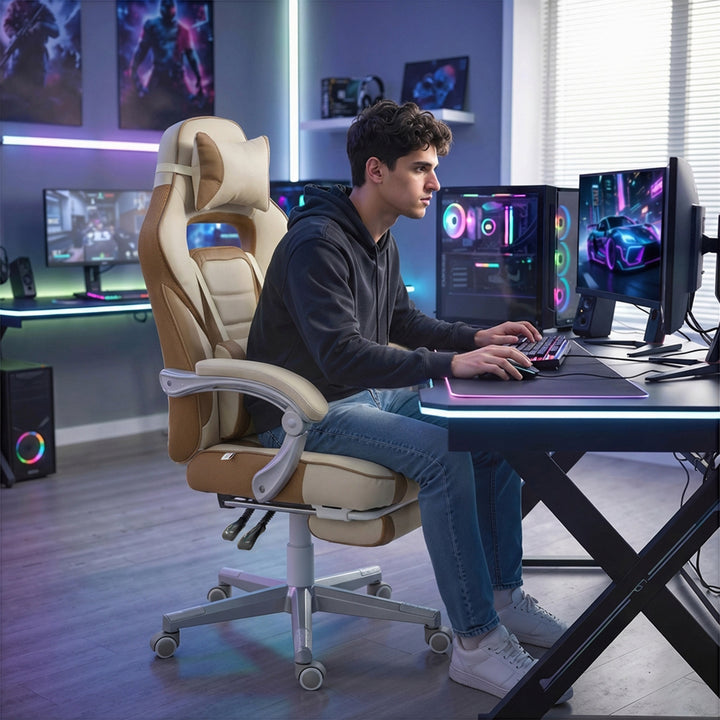 Cadeira Gaming Reclinável com Altura Ajustável, Apoio para Pés Retrátil, Suporte Lombar e Almofada de Cabeça para Escritório ou Estúdio - Creme