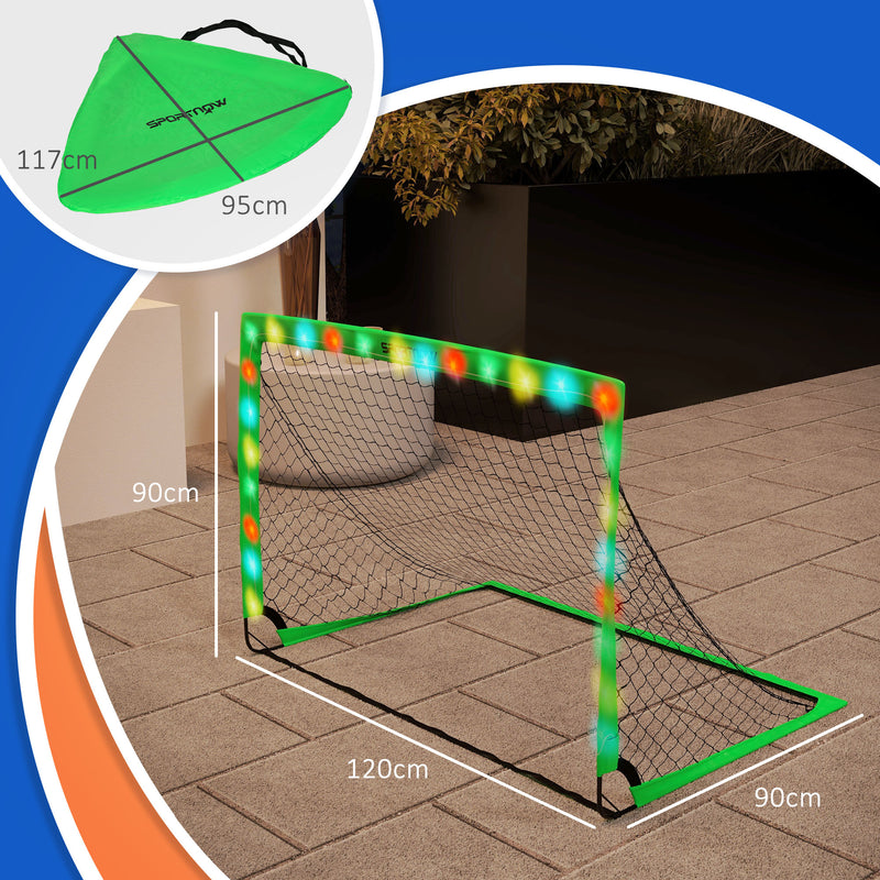 Conjunto de 2 Balizas de Futebol para Crianças Balizas de Futebol Dobráveis com Luz LED Postes de Fibra de Vidro e Bolsa de Transporte para Jardim Parque 120x90x90 cm Verde