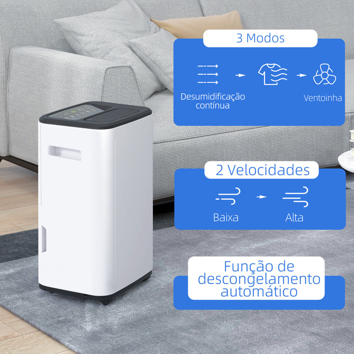 Desumidificador Elétrico Depósito de Água 6 Litros 20L/Dia com 4 Modos 2 Velocidades Ecrã LED Temporizador Silencioso para Dormitório Sala de Estar Cozinha 33,5x26x53 cm Branco