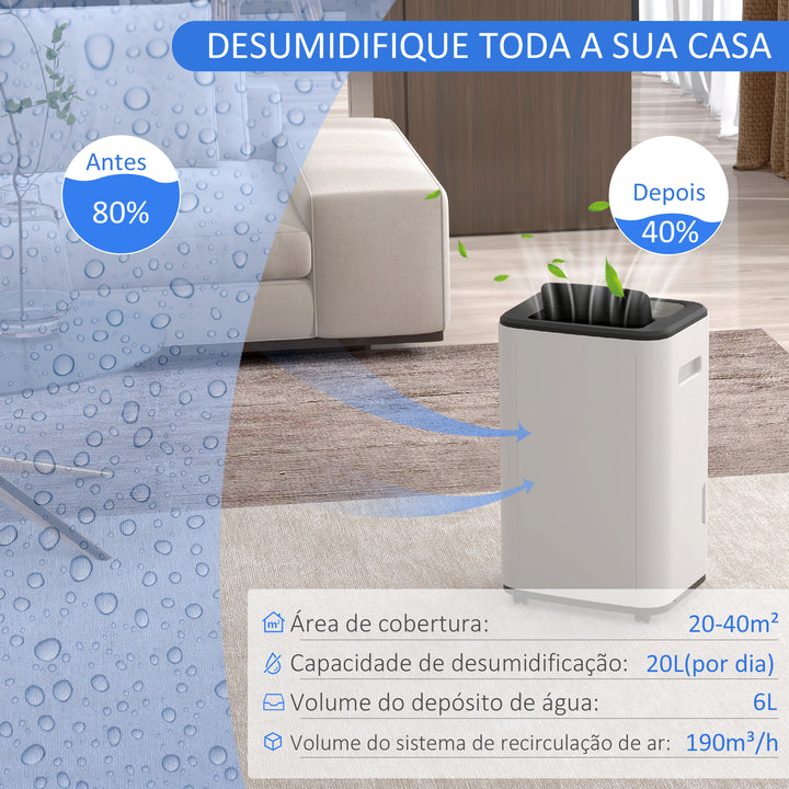 Desumidificador Elétrico Depósito de Água 6 Litros 20L/Dia com 4 Modos 2 Velocidades Ecrã LED Temporizador Silencioso para Dormitório Sala de Estar Cozinha 33,5x26x53 cm Branco