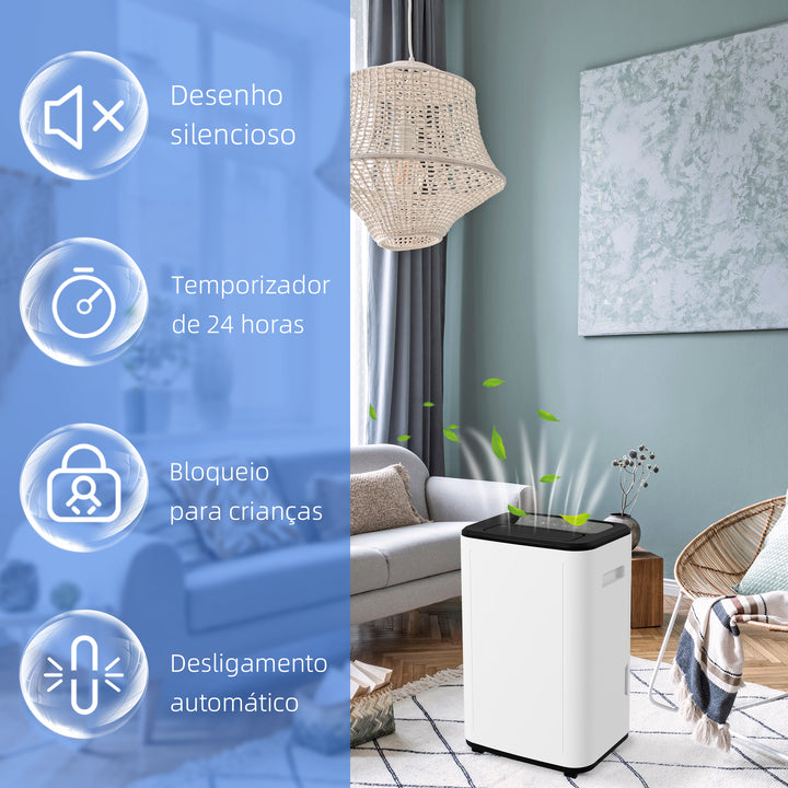 Desumidificador Elétrico Depósito de Água 6 Litros 20L/Dia com 4 Modos 2 Velocidades Ecrã LED Temporizador Silencioso para Dormitório Sala de Estar Cozinha 33,5x26x53 cm Branco