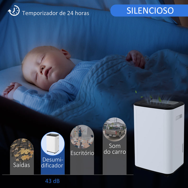Desumidificador Elétrico Depósito de Água 6 Litros 20L/Dia com 4 Modos 2 Velocidades Ecrã LED Temporizador Silencioso para Dormitório Sala de Estar Cozinha 33,5x26x53 cm Branco