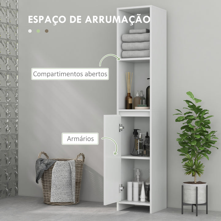 Coluna Casa de Banho Armário Alto Casa de Banho com Porta 2 Prateleiras Abertas Anti-Tombo Estilo Moderno 30x30x160 cm Branco