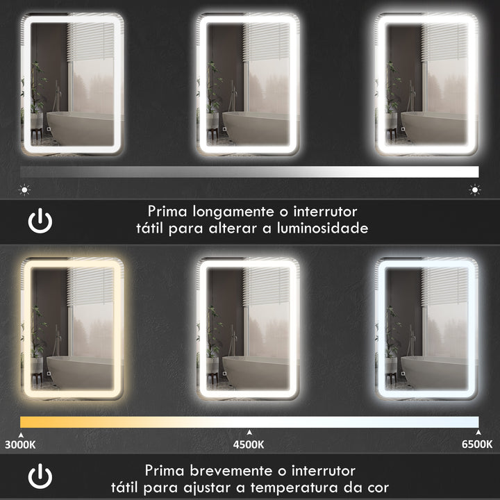 Espelho Casa de banho com Luzes LED 70x50 cm Espelho de Parede Antiembaciamento com 3 Temperaturas de Cor Ajustável e Função de Memória Horizontal e Vertical Prata