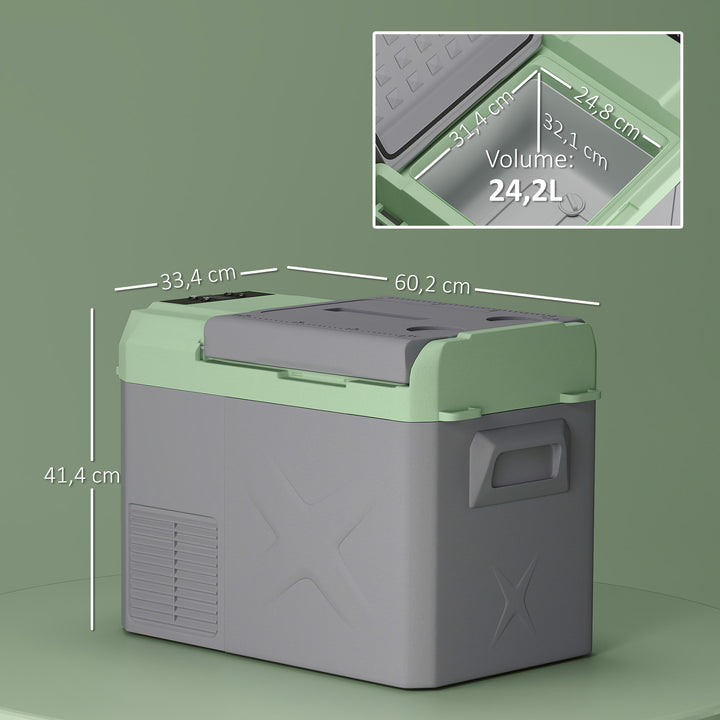 Geleira Portátil Elétrica 24,2L Geleira para Carro -20? a +20 ? 12V/24V Mini Geleira com Rodas Compressor e Ecrã LED Tátil para Casa Campismo Viagens 60,2x33,4x41,4 cm Cinza e Verde