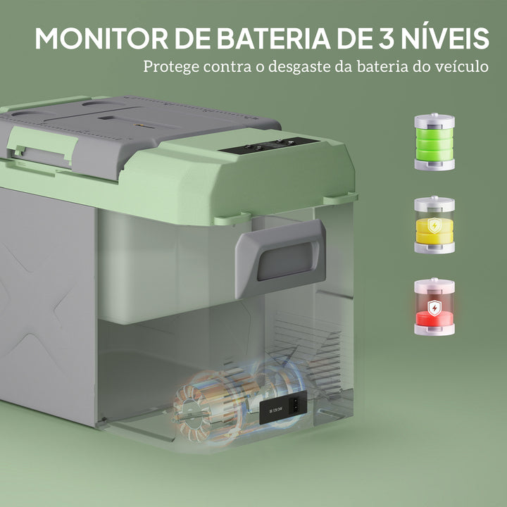 Geleira Portátil Elétrica 24,2L Geleira para Carro -20? a +20 ? 12V/24V Mini Geleira com Rodas Compressor e Ecrã LED Tátil para Casa Campismo Viagens 60,2x33,4x41,4 cm Cinza e Verde