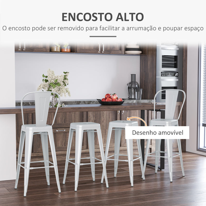 Conjunto de 4 Bancos Altos de Cozinha de Metal Bancos de Bar com Encosto Alto e Apoio para os Pés para Sala de Jantar Carga 120kg 44x49x116 cm Cinza