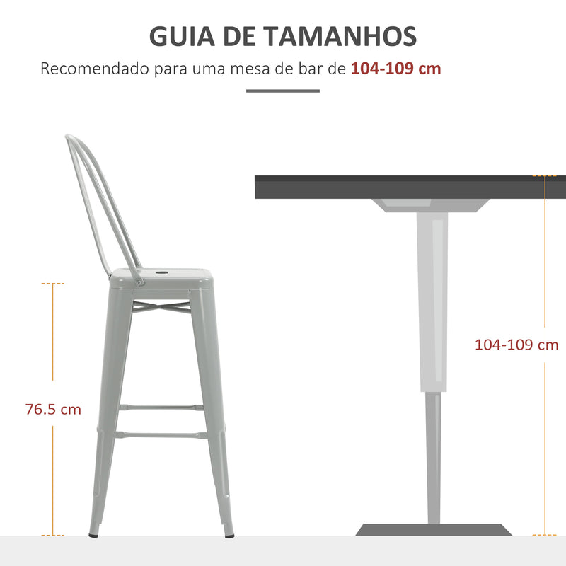 Conjunto de 4 Bancos Altos de Cozinha de Metal Bancos de Bar com Encosto Alto e Apoio para os Pés para Sala de Jantar Carga 120kg 44x49x116 cm Cinza