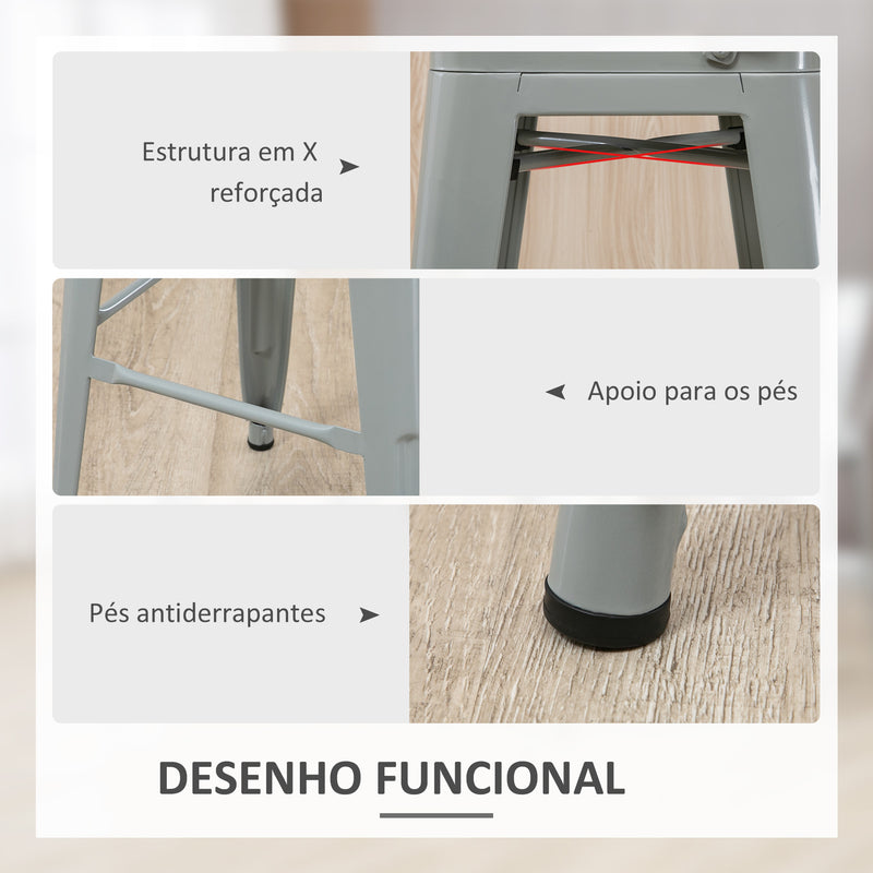 Conjunto de 4 Bancos Altos de Cozinha de Metal Bancos de Bar com Encosto Alto e Apoio para os Pés para Sala de Jantar Carga 120kg 44x49x116 cm Cinza