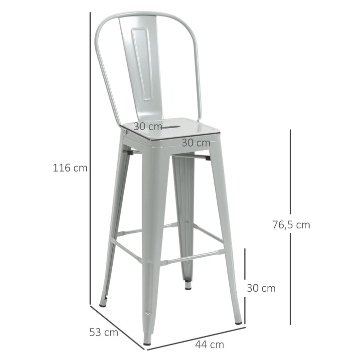 Conjunto de 4 Bancos Altos de Cozinha de Metal Bancos de Bar com Encosto Alto e Apoio para os Pés para Sala de Jantar Carga 120kg 44x49x116 cm Cinza