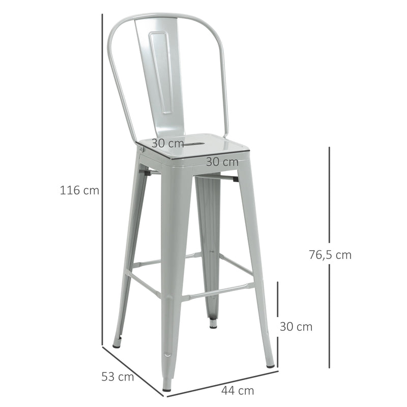 Conjunto de 4 Bancos Altos de Cozinha de Metal Bancos de Bar com Encosto Alto e Apoio para os Pés para Sala de Jantar Carga 120kg 44x49x116 cm Cinza