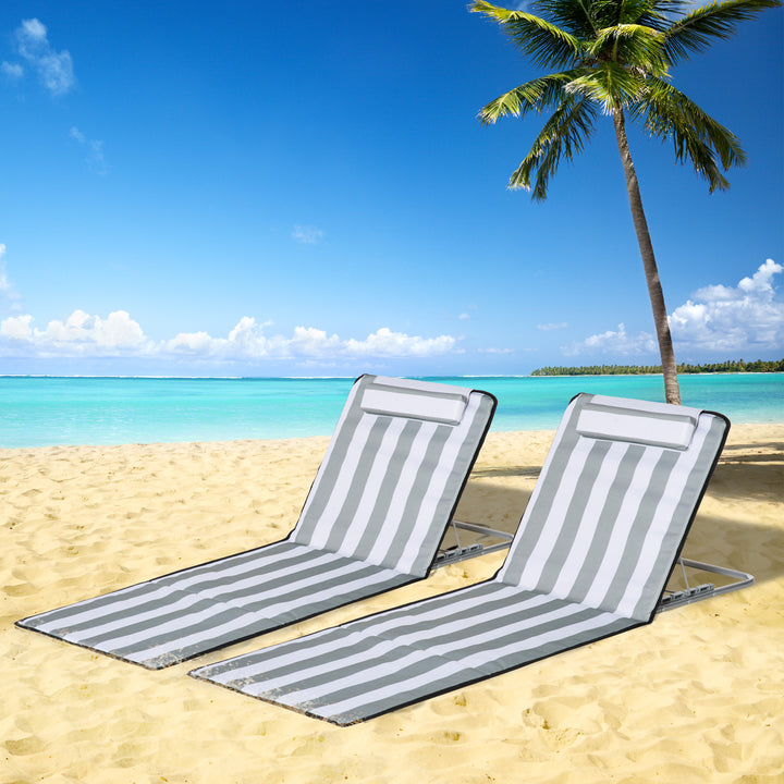 Conjunto de 2 Esteiras de Praia com Encosto Reclinável em 5 Níveis Bolsa de Transporte e Apoio de Cabeça 48x134x33-43 cm Branco e Cinzento