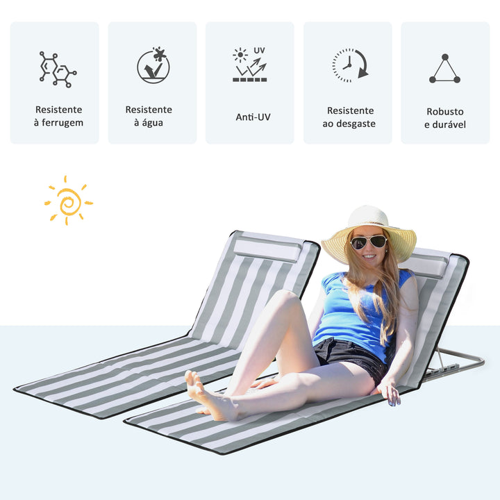 Conjunto de 2 Esteiras de Praia com Encosto Reclinável em 5 Níveis Bolsa de Transporte e Apoio de Cabeça 48x134x33-43 cm Branco e Cinzento